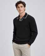 Men's Rib-Knit Polo Sweater – Contrast Trim Long Sleeve Regular Fit