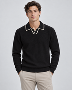 Men's Rib-Knit Polo Sweater – Contrast Trim Long Sleeve Regular Fit