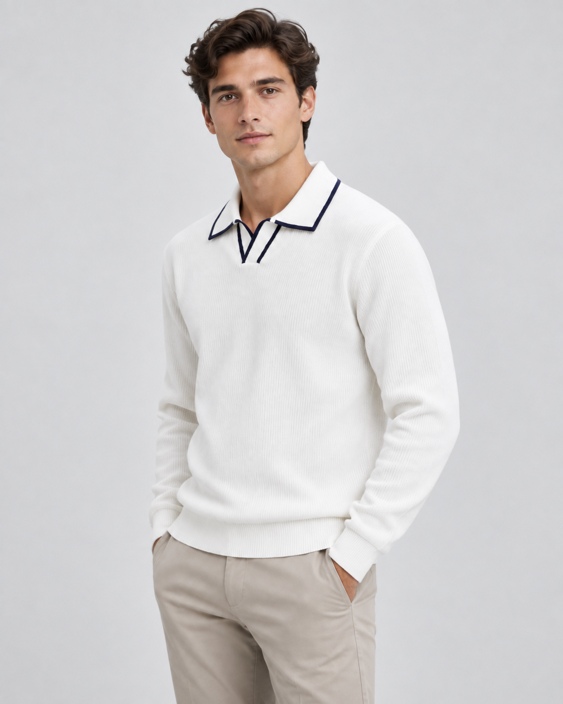 Men's Rib-Knit Polo Sweater – Contrast Trim Long Sleeve Regular Fit