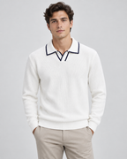 Men's Rib-Knit Polo Sweater – Contrast Trim Long Sleeve Regular Fit