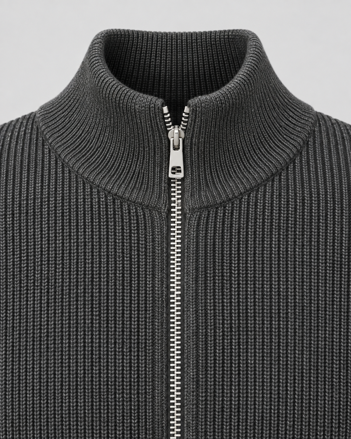 Men's Ribbed Full Zip Knit Sweater – Stand Collar Long Sleeve