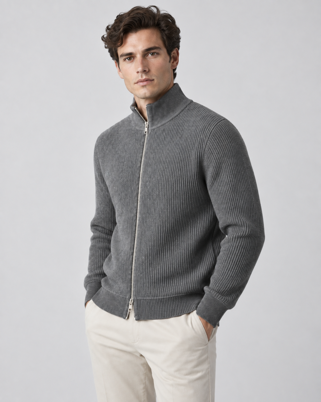 Men's Ribbed Full Zip Knit Sweater – Stand Collar Long Sleeve