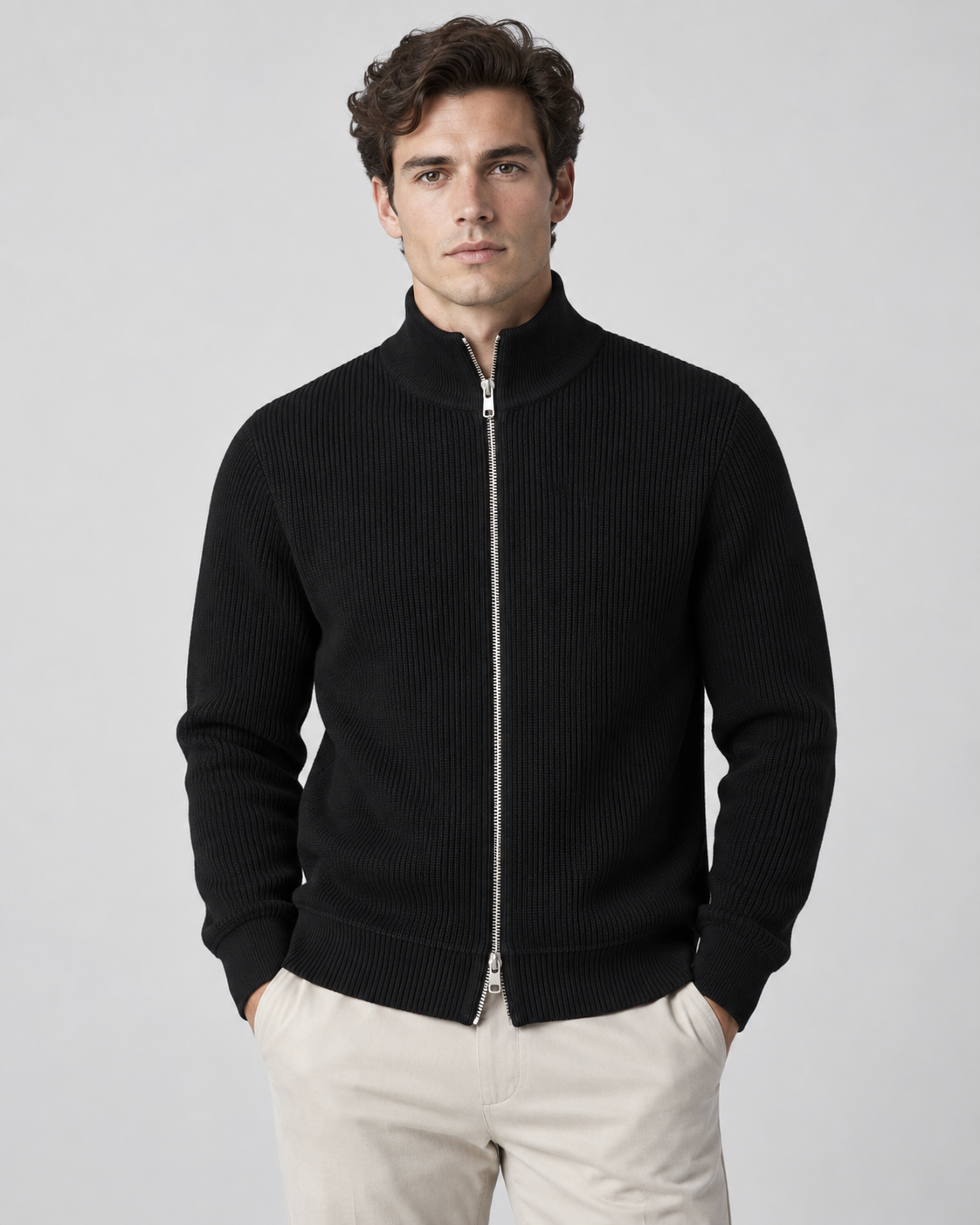 Men's Ribbed Full Zip Knit Sweater – Stand Collar Long Sleeve