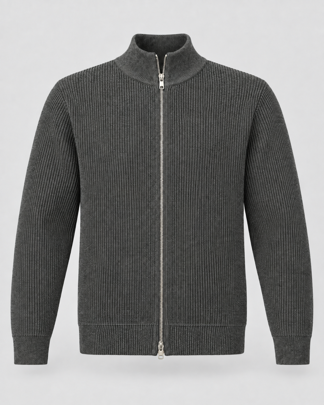Men's Ribbed Full Zip Knit Sweater – Stand Collar Long Sleeve