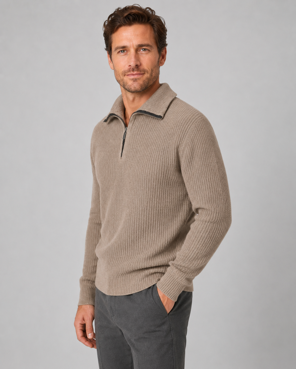 Men's Ribbed Quarter Zip Sweater - Collared Regular Fit