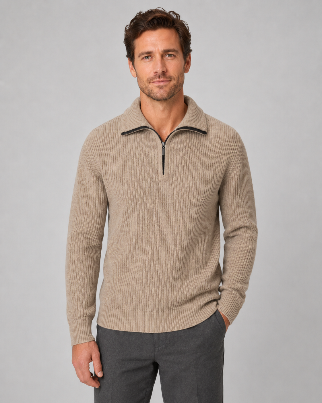Men's Ribbed Quarter Zip Sweater - Collared Regular Fit