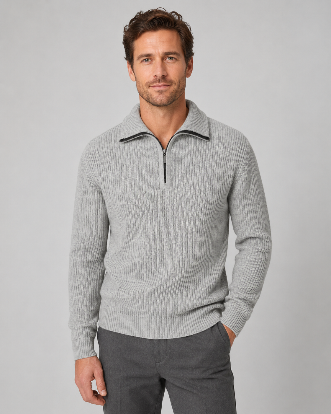 Men's Ribbed Quarter Zip Sweater - Collared Regular Fit