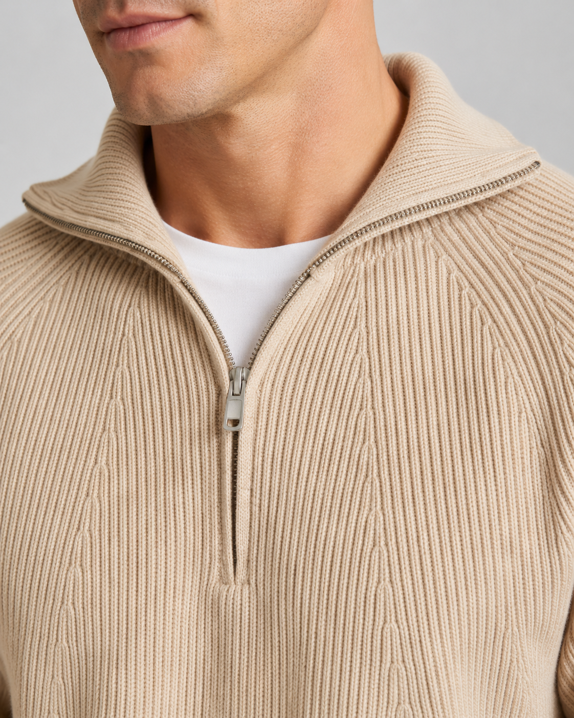 Men's Ribbed Quarter-Zip Sweater - High Collar Regular Fit