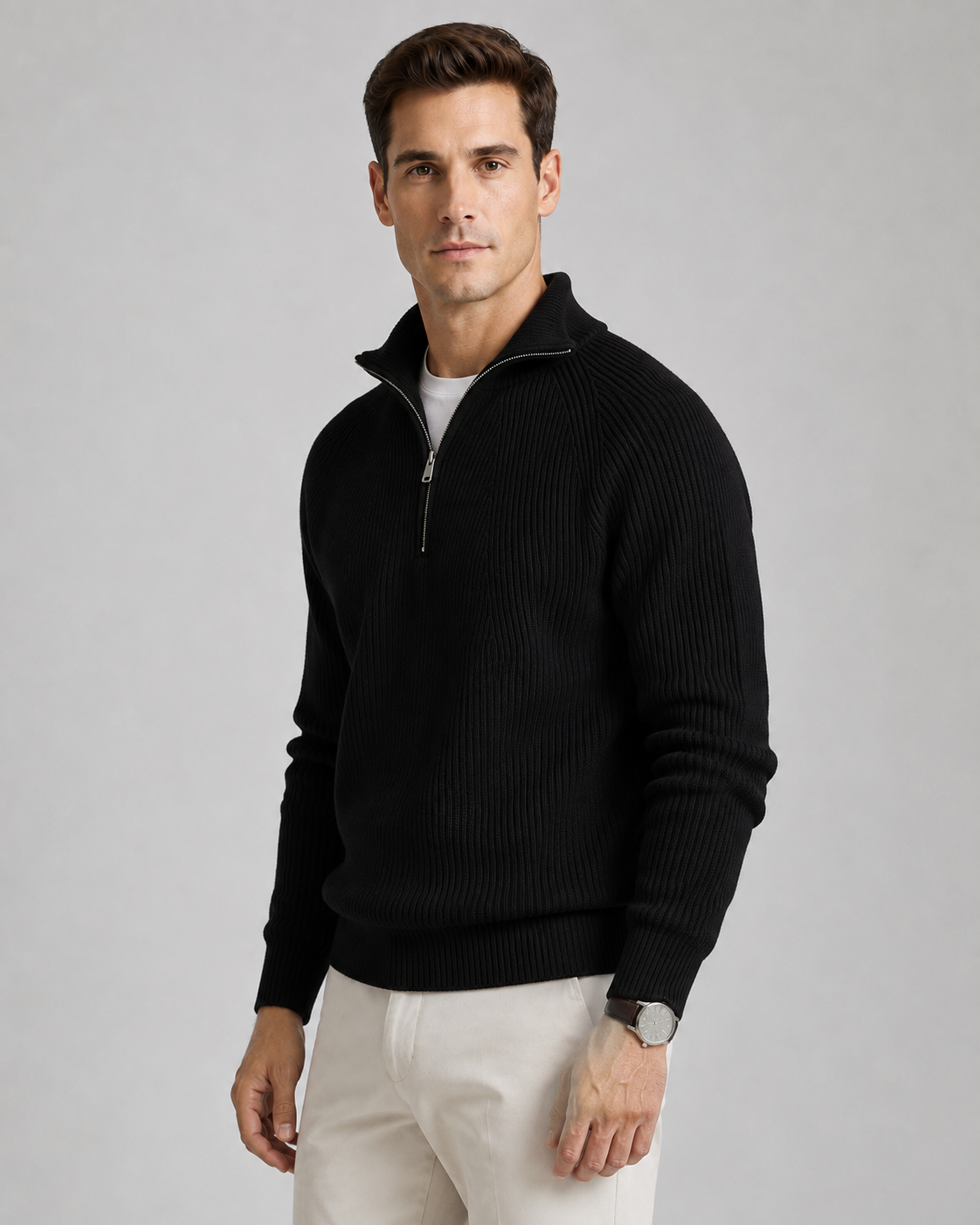 Men's Ribbed Quarter-Zip Sweater - High Collar Regular Fit