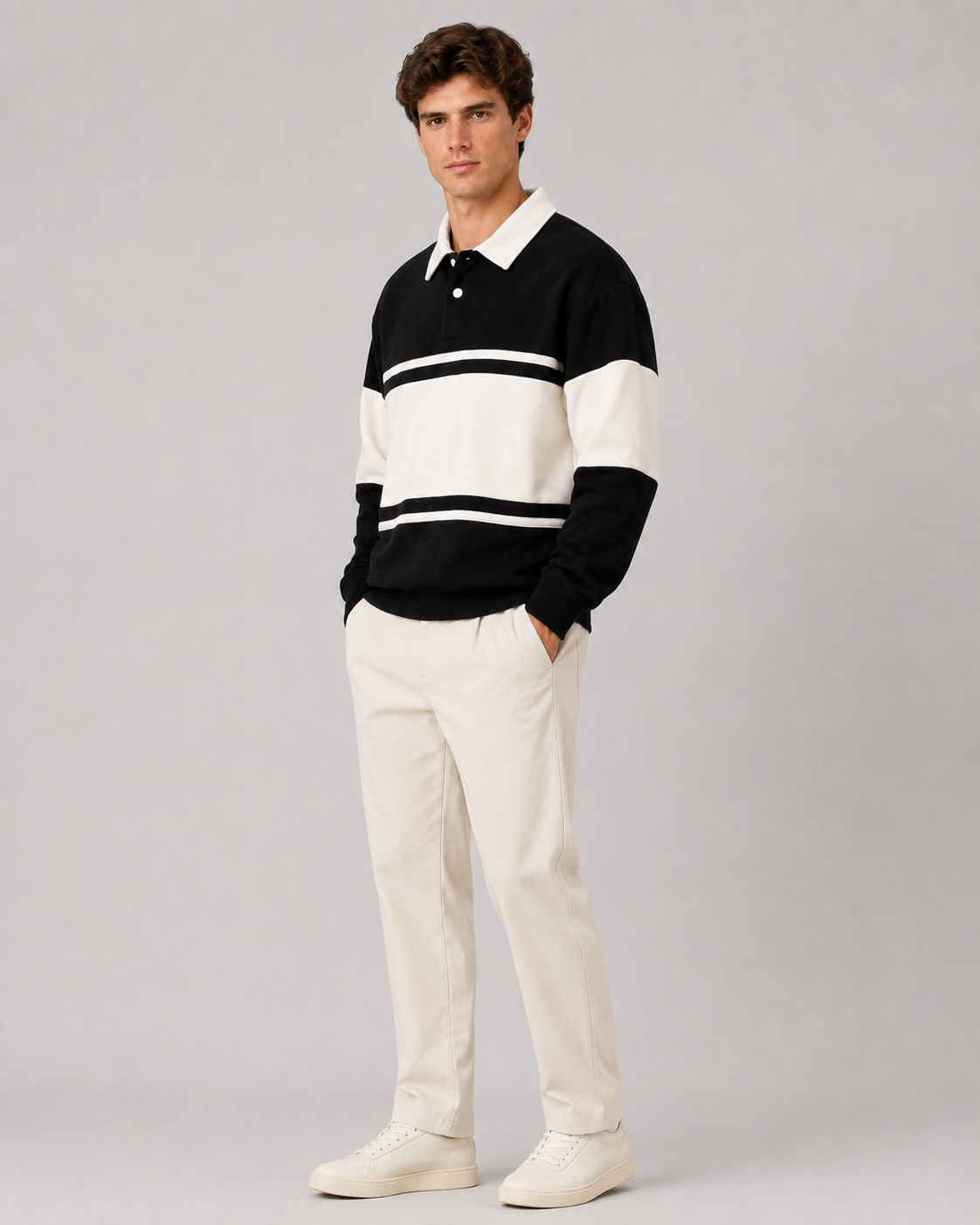Men's Rugby Polo Sweater - Colour Block Long Sleeve Relaxed Fit