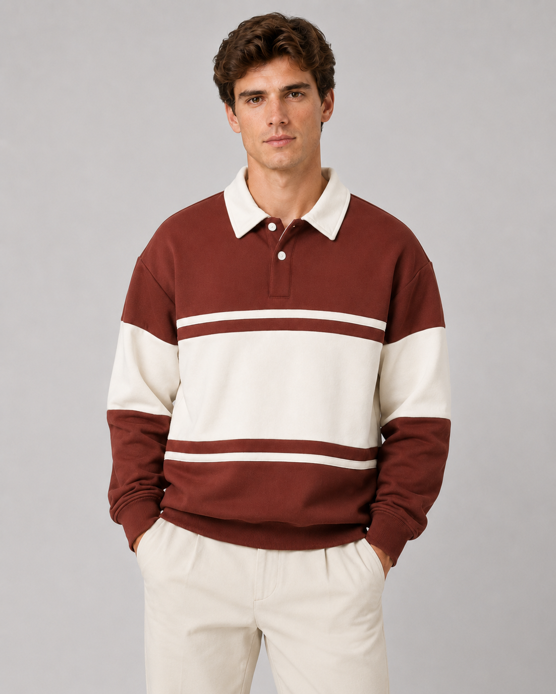 Men's Rugby Polo Sweater - Colour Block Long Sleeve Relaxed Fit