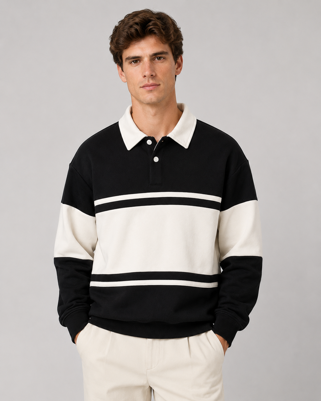 Men's Rugby Polo Sweater - Colour Block Long Sleeve Relaxed Fit