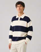 Men's Rugby Stripe Knitted Polo Sweater - Relaxed Fit Long Sleeve