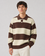 Men's Rugby Stripe Knitted Polo Sweater - Relaxed Fit Long Sleeve