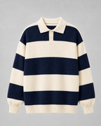 Men's Rugby Stripe Knitted Polo Sweater - Relaxed Fit Long Sleeve