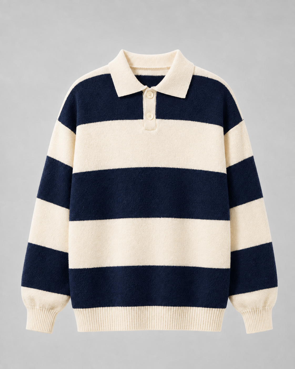 Men's Rugby Stripe Knitted Polo Sweater - Relaxed Fit Long Sleeve