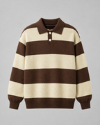Men's Rugby Stripe Knitted Polo Sweater - Relaxed Fit Long Sleeve