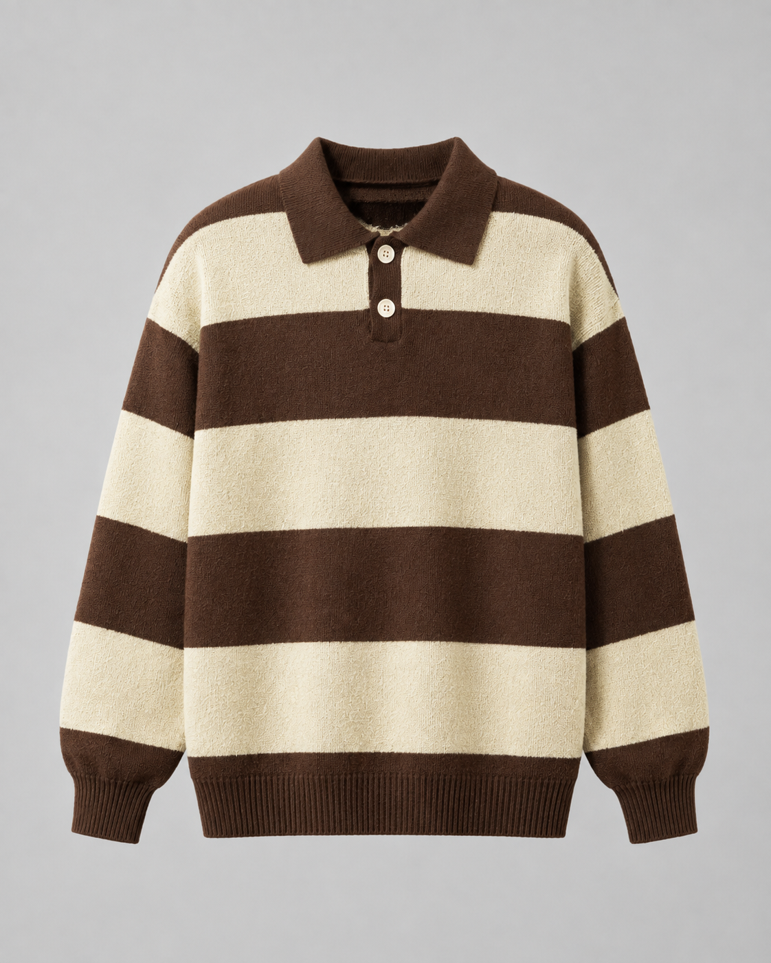 Men's Rugby Stripe Knitted Polo Sweater - Relaxed Fit Long Sleeve