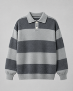 Men's Rugby Stripe Knitted Polo Sweater - Relaxed Fit Long Sleeve