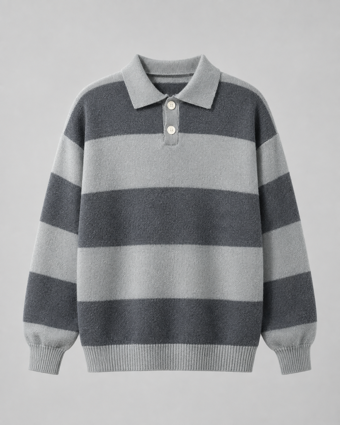 Men's Rugby Stripe Knitted Polo Sweater - Relaxed Fit Long Sleeve