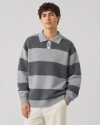 Men's Rugby Stripe Knitted Polo Sweater - Relaxed Fit Long Sleeve