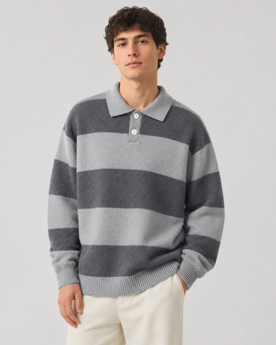 Men's Rugby Stripe Knitted Polo Sweater - Relaxed Fit Long Sleeve