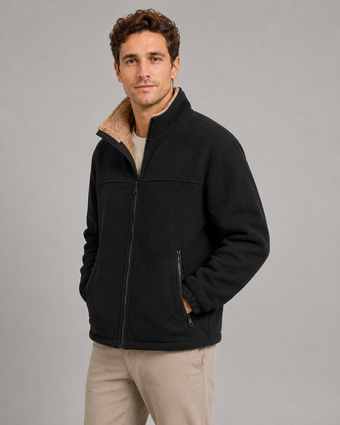 Men's Sherpa-Lined Fleece Jacket - Full Zip Stand Collar