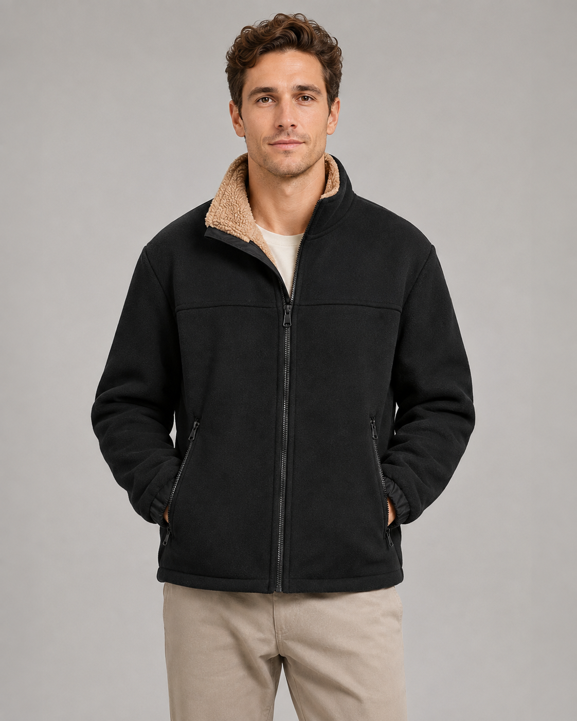 Men's Sherpa-Lined Fleece Jacket - Full Zip Stand Collar