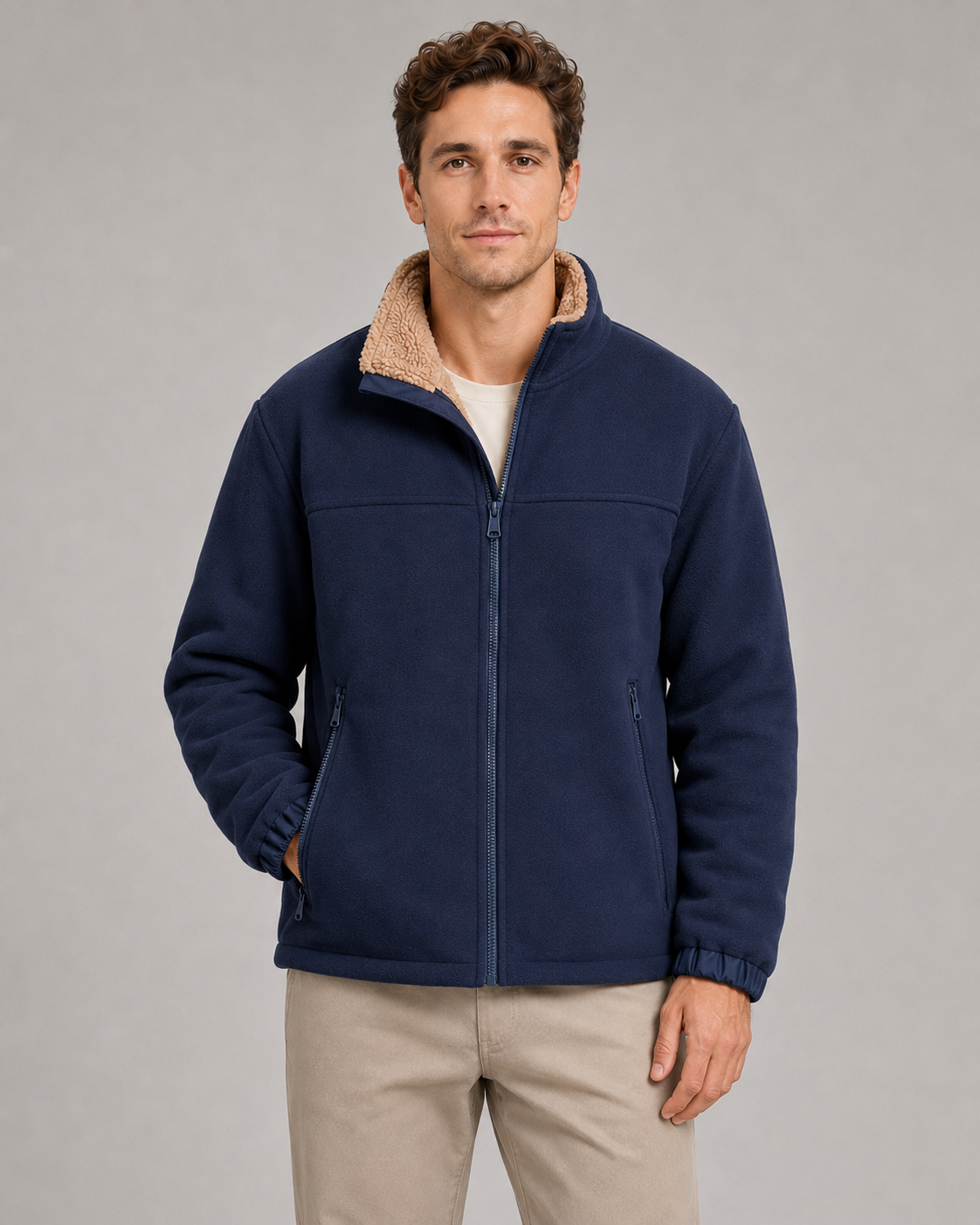 Men's Sherpa-Lined Fleece Jacket - Full Zip Stand Collar
