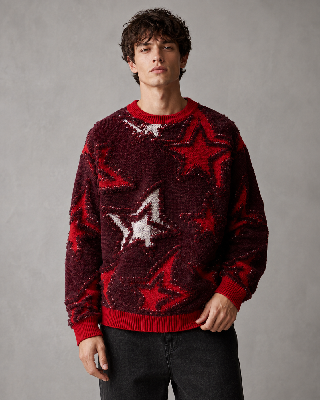 Men's Star Knit Sweater - Textured Motif Relaxed Streetwear Fit