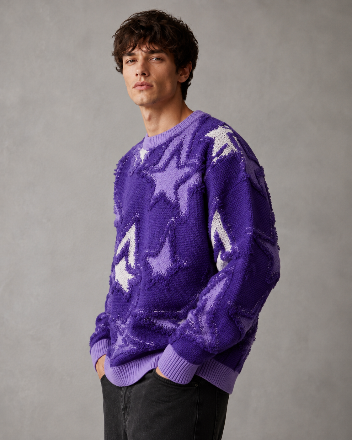 Men's Star Knit Sweater - Textured Motif Relaxed Streetwear Fit