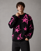 Men's Star Knit Sweater - Textured Motif Relaxed Streetwear Fit