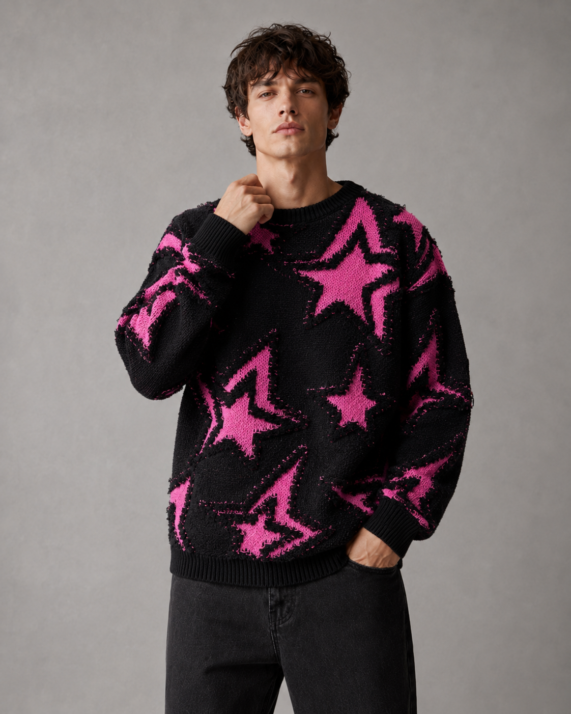 Men's Star Knit Sweater - Textured Motif Relaxed Streetwear Fit