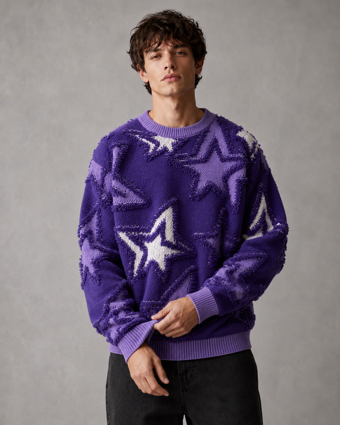 Men's Star Knit Sweater - Textured Motif Relaxed Streetwear Fit