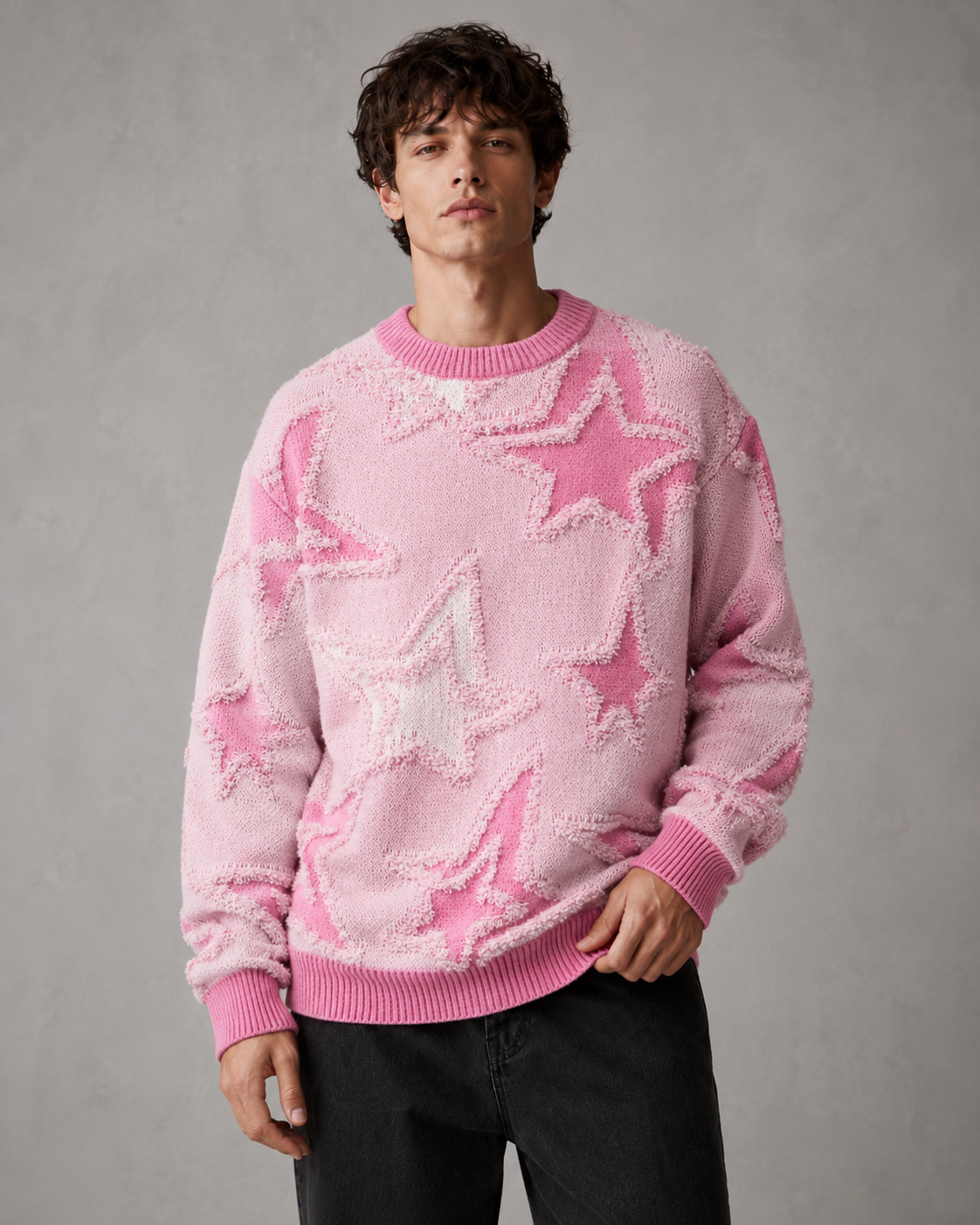 Men's Star Knit Sweater - Textured Motif Relaxed Streetwear Fit