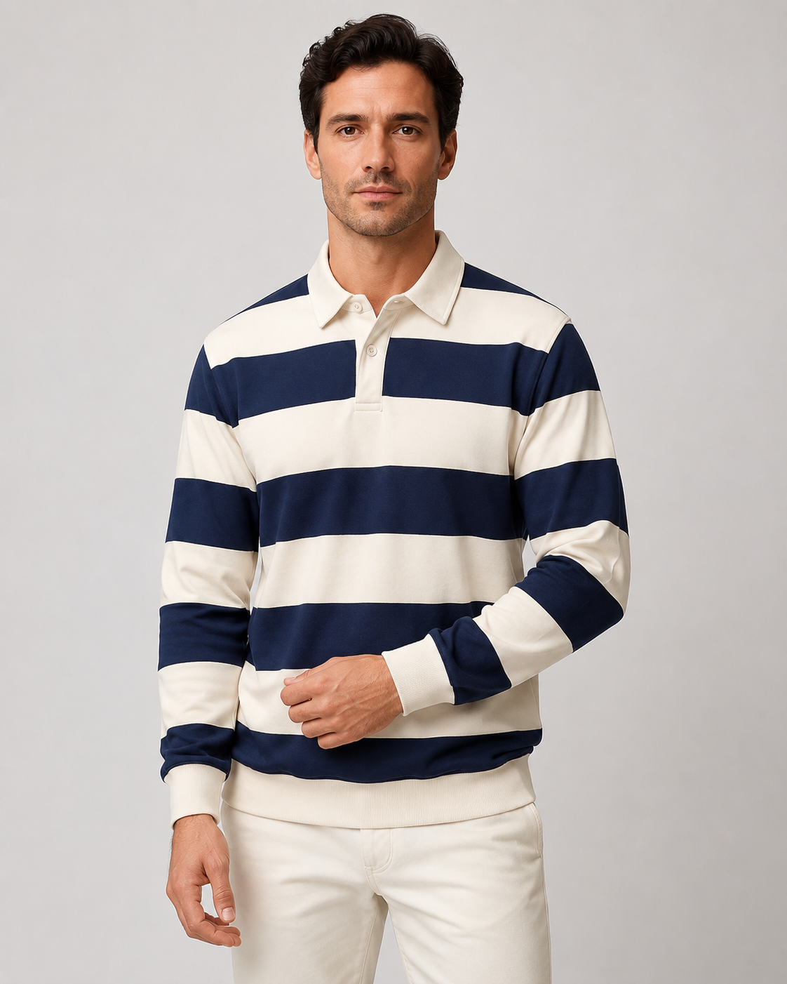 Men's Striped Rugby Polo - Long Sleeve Regular Fit