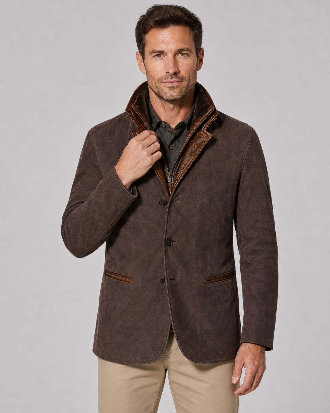 Men's Suede-Look Jacket - Layered Zip Collar Regular Fit
