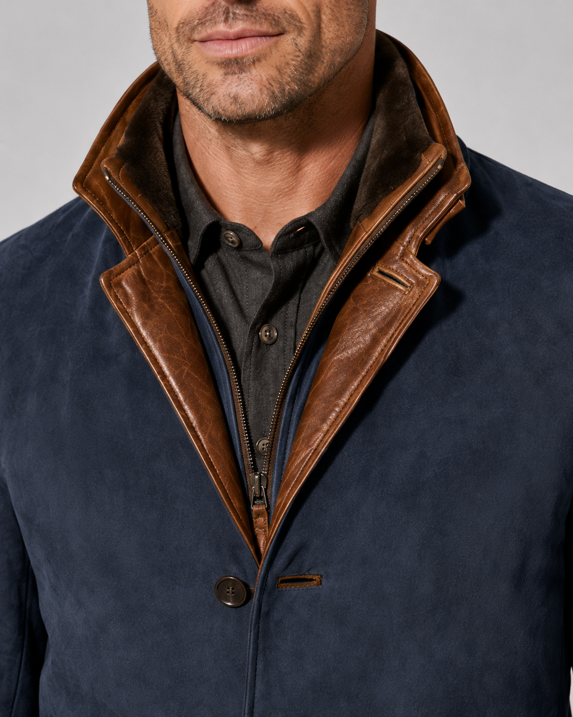 Men's Suede-Look Jacket - Layered Zip Collar Regular Fit