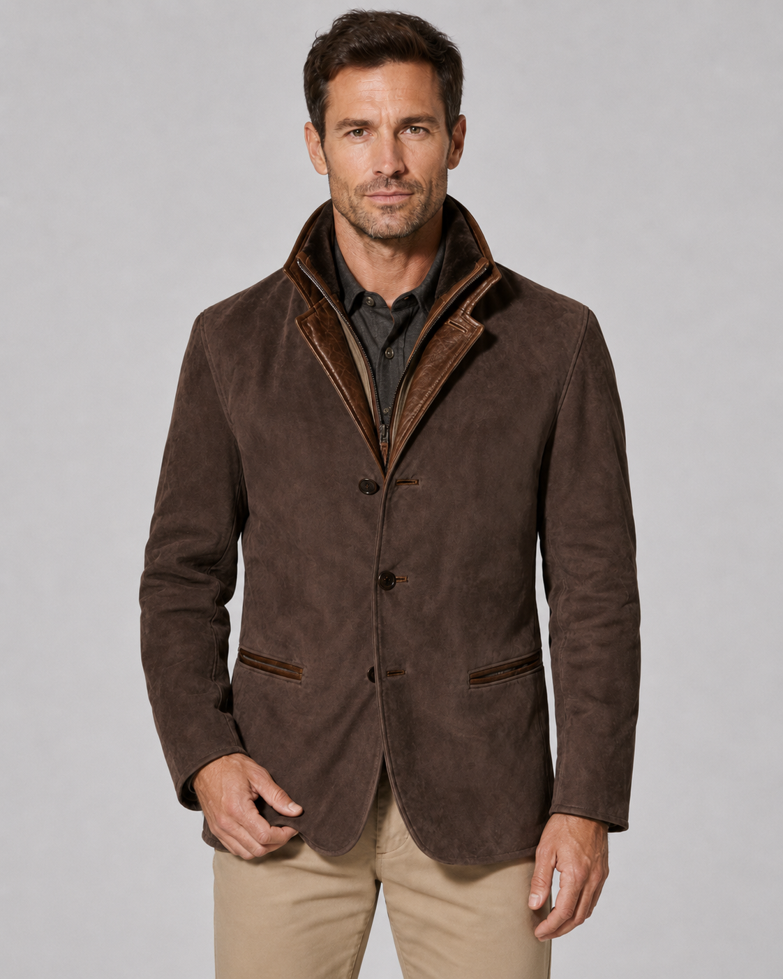 Men's Suede-Look Jacket - Layered Zip Collar Regular Fit