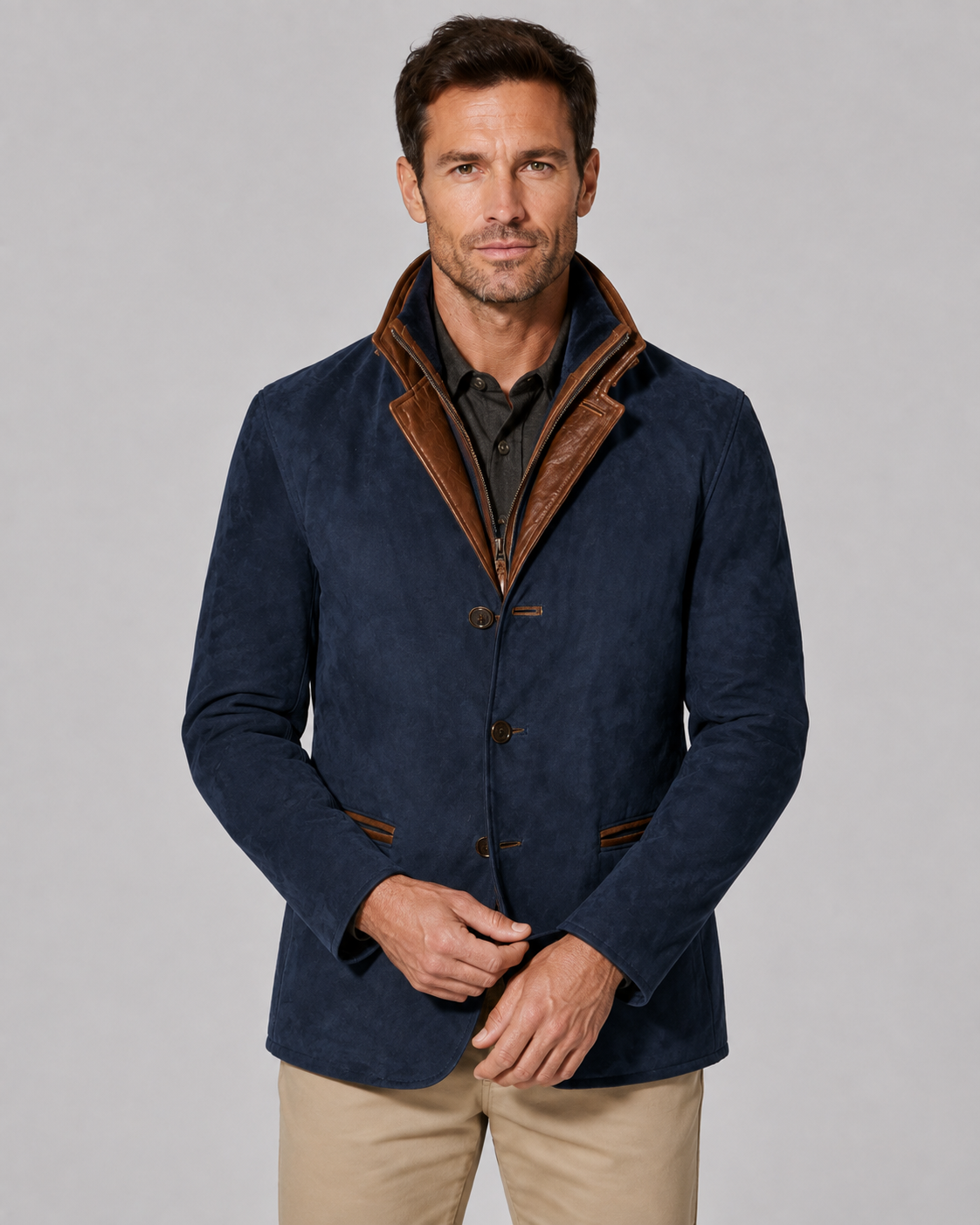 Men's Suede-Look Jacket - Layered Zip Collar Regular Fit