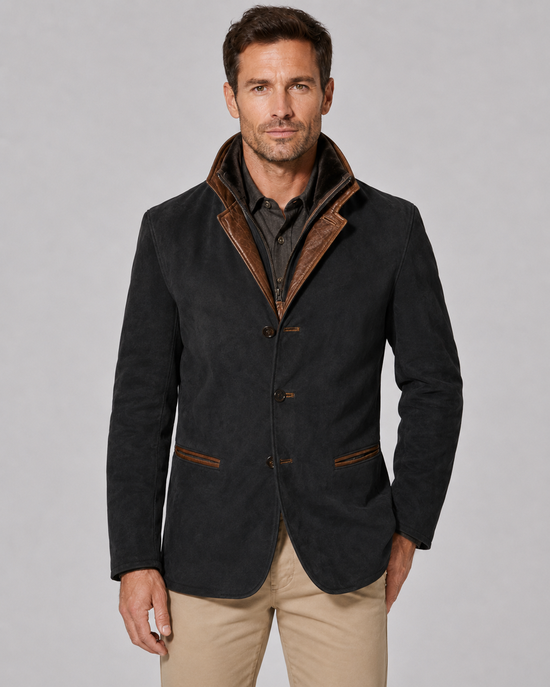 Men's Suede-Look Jacket - Layered Zip Collar Regular Fit