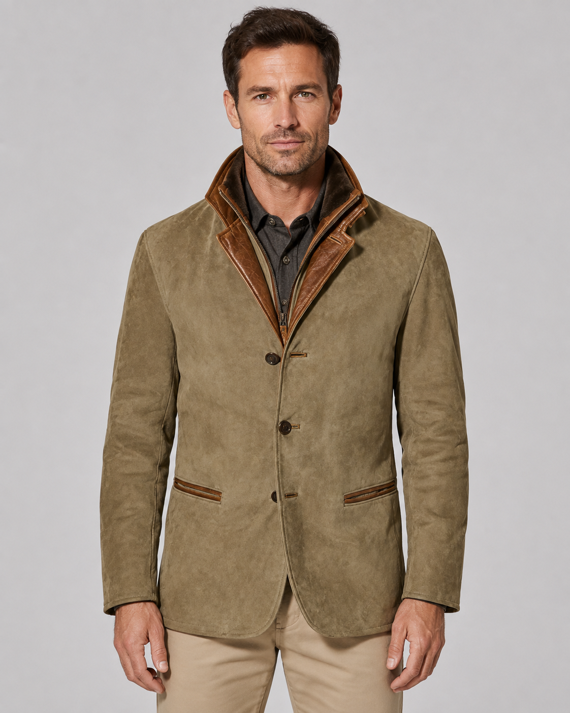 Men's Suede-Look Jacket - Layered Zip Collar Regular Fit