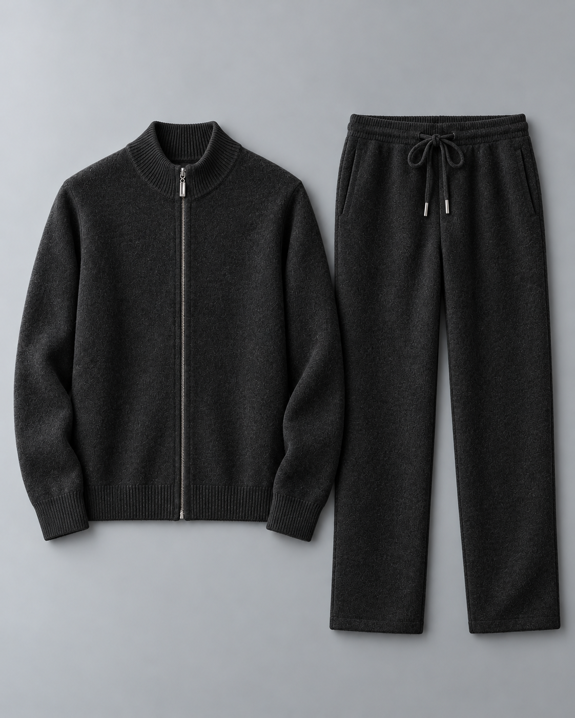 Men's Textured Knit Two-Piece Set - Zip-Up Cardigan & Trousers