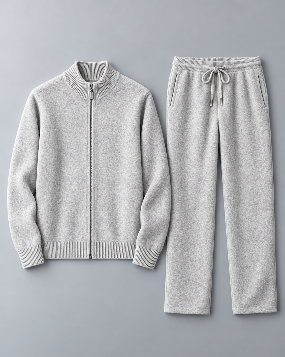 Men's Textured Knit Two-Piece Set - Zip-Up Cardigan & Trousers