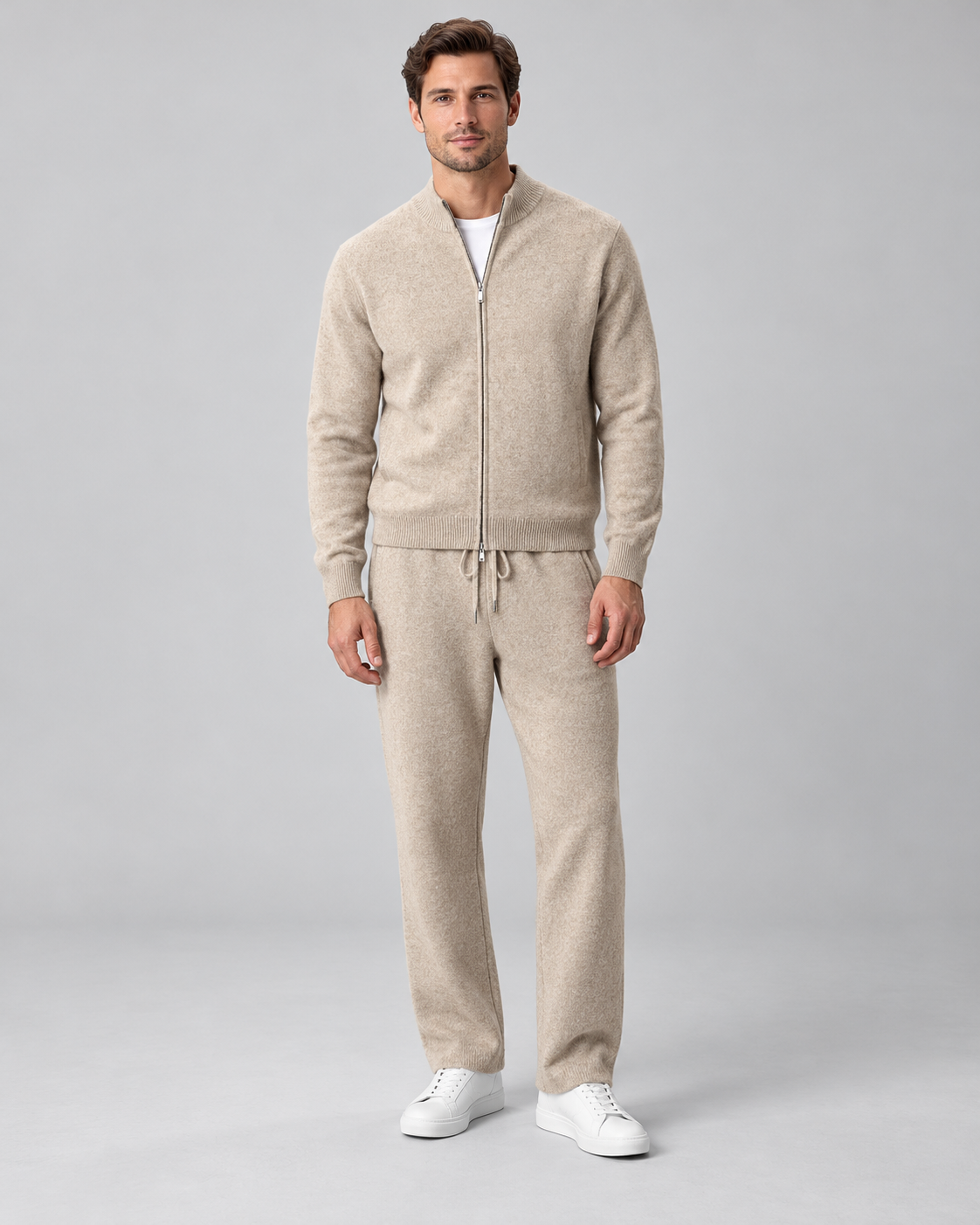 Men's Textured Knit Two-Piece Set - Zip-Up Cardigan & Trousers