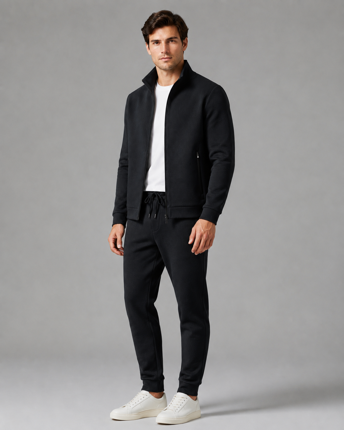 Men's Textured Tracksuit Set - Stand Collar Zip Jacket & Joggers