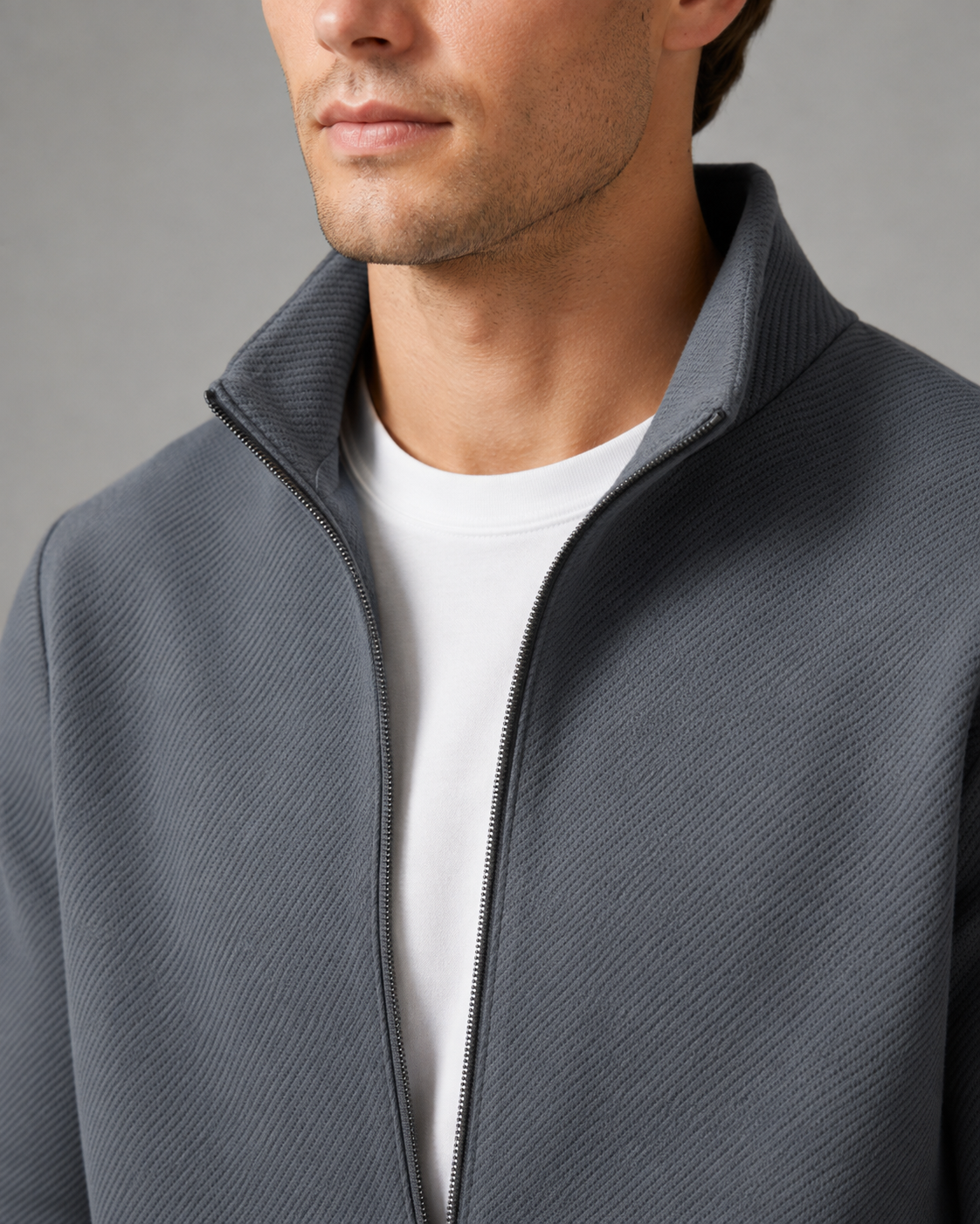 Men's Textured Tracksuit Set - Stand Collar Zip Jacket & Joggers