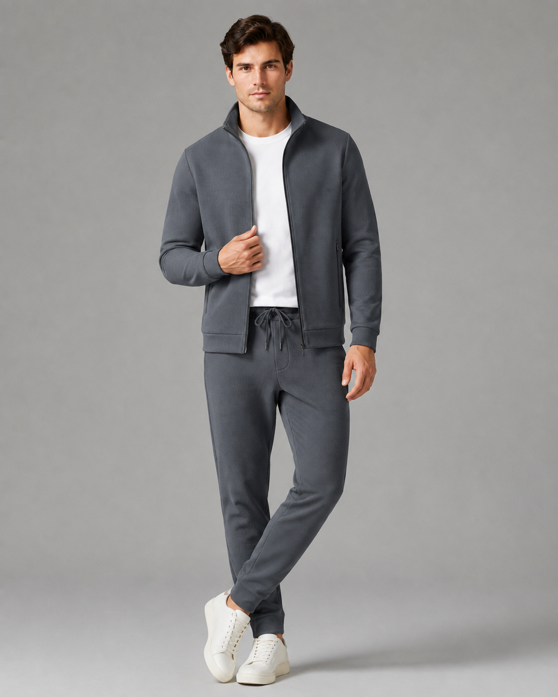 Men's Textured Tracksuit Set - Stand Collar Zip Jacket & Joggers