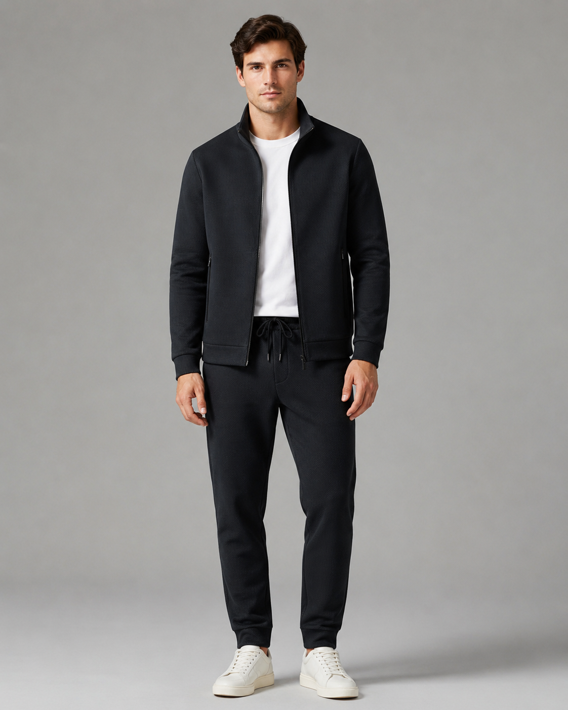 Men's Textured Tracksuit Set - Stand Collar Zip Jacket & Joggers