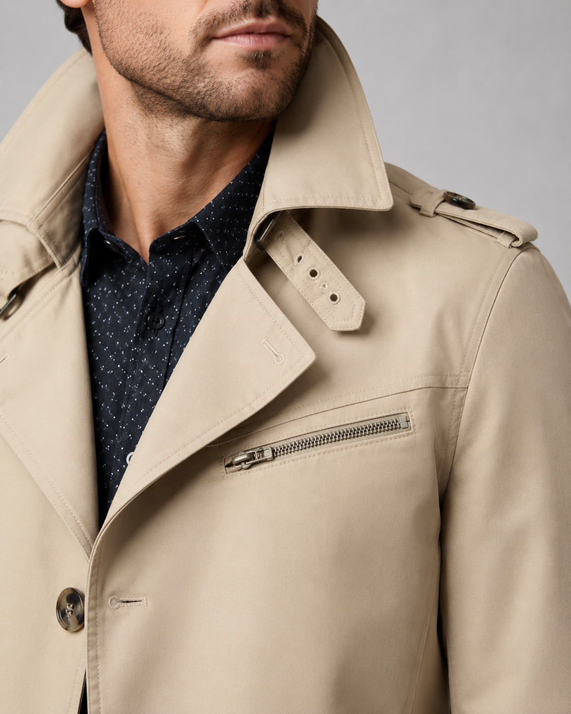 Men's Trench Coat - Button Front Epaulettes Mid-Length